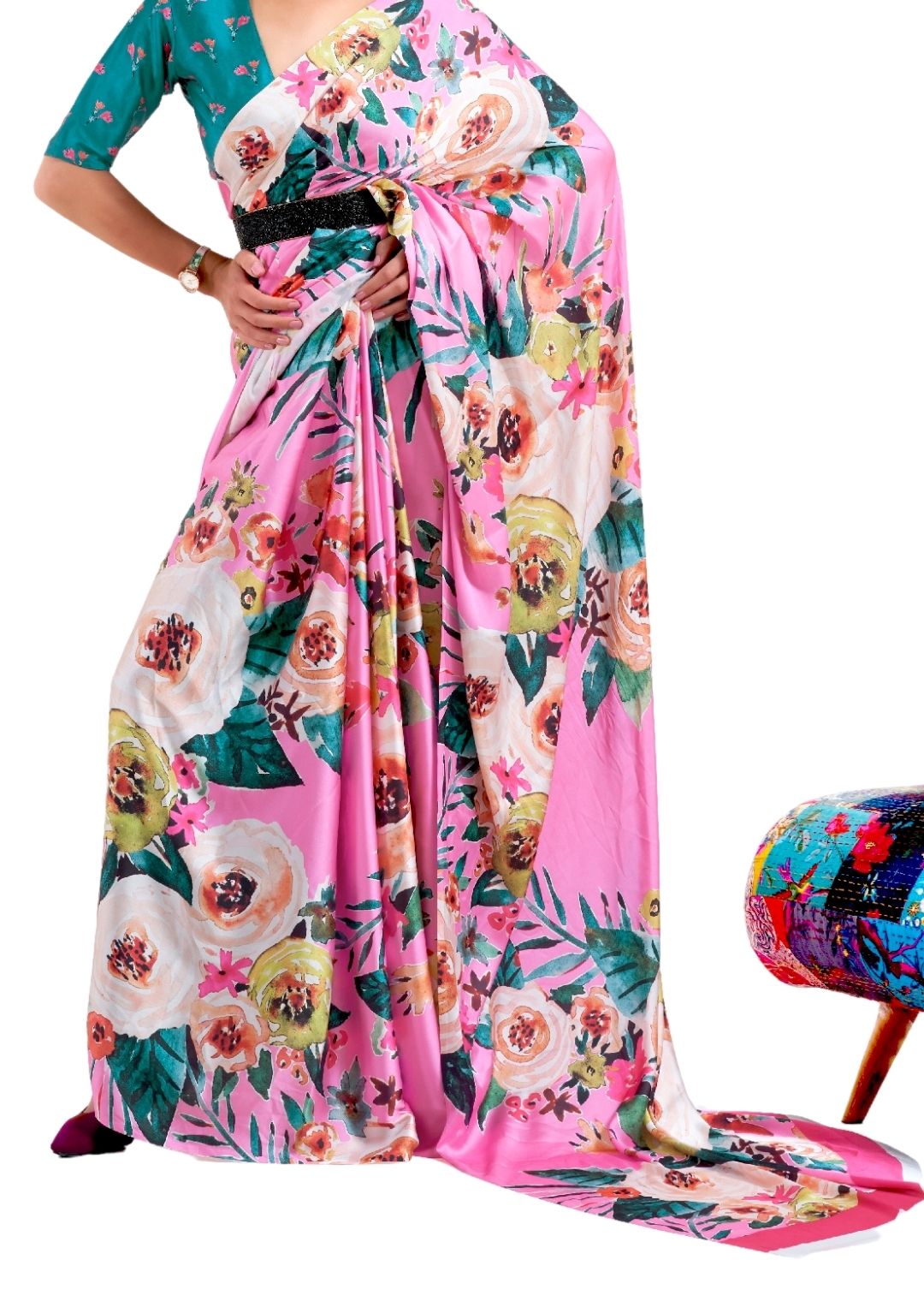 Taffy Pink Digital Printed Satin Crepe Saree