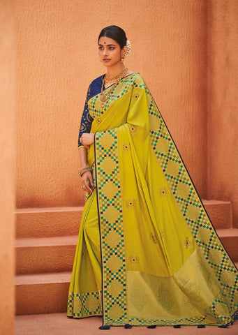 Lime Green Woven Designer Silk Saree with Embroidered Silk Blouse