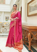 Deep Pink Zari Woven Traditional Patola Silk Saree With Self Brocade Blouse