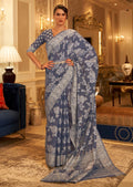Stone Blue Woven Pure Handloom Chickankari Lucknowi Cotton Saree