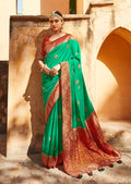 Shamrock Green Woven Traditional Patola Silk Saree With Embroidered Silk Blouse