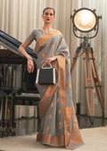 Coin Gray Zari Woven Pure Handloom Linen Saree