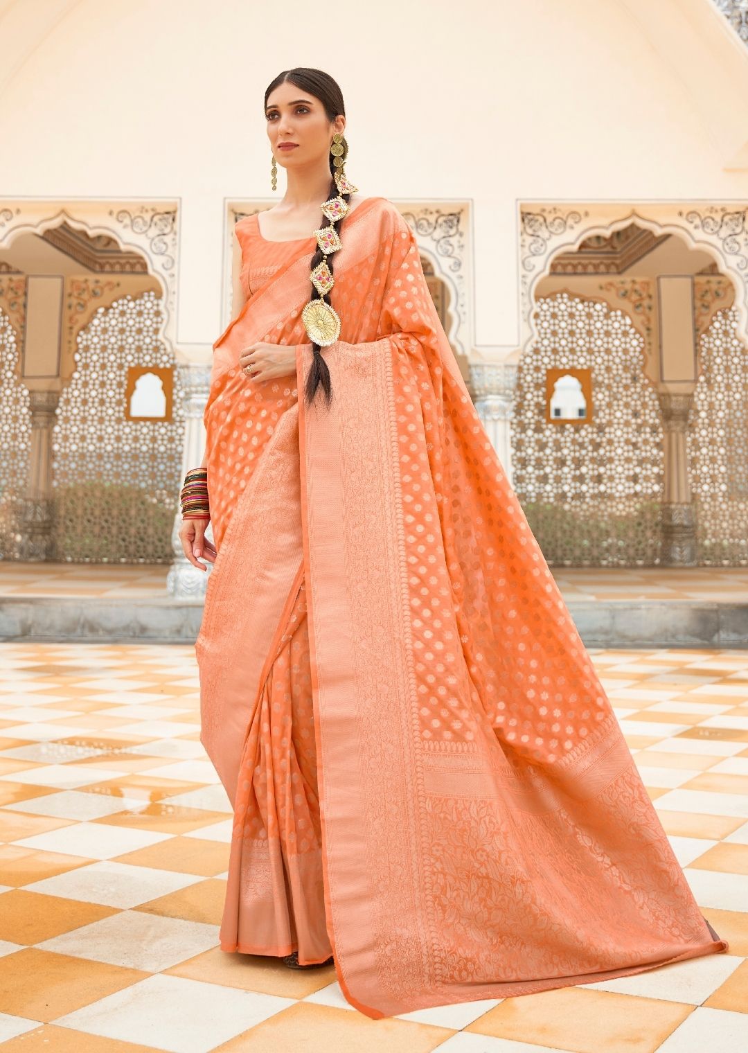 Organza Silk Banarasi Saree in Pale Peach, Silver and Muted Gold – Bengal  Looms India