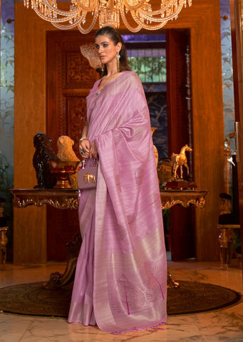 Lavender Rose Pink Hand Woven Tussar Cotton Silk Saree With Sequins Work