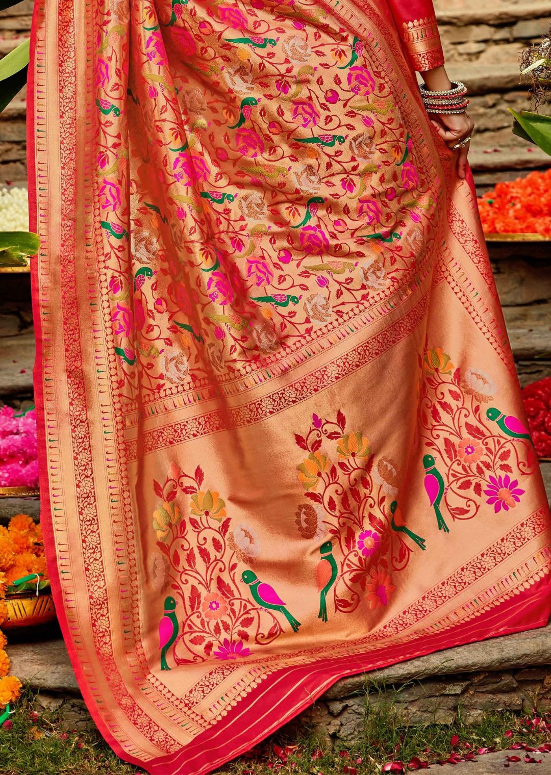 Ruby Red Woven Brocade Paithani Silk Saree