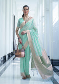 Aqua Blue Zari Woven Pure Handloom Linen Saree