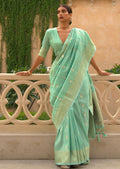 Light Aqua Marine Blue Zari Woven Pure Handloom Linen Saree