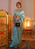 Deep Sky Blue Zari Woven Kanjivaram Satin Silk Saree