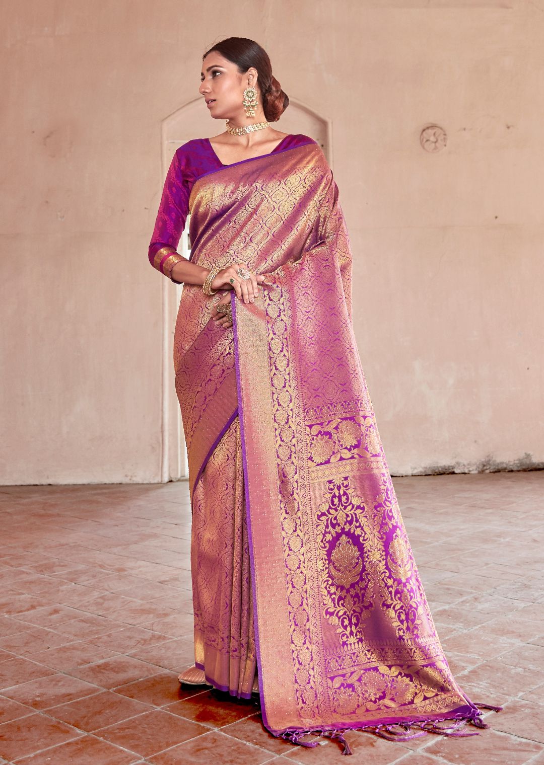 Plum Purple Swaroski Hand Woven Kanjivaram Silk Saree
