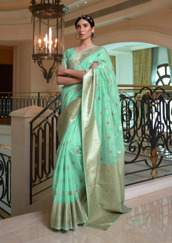 Mint Green Zari Woven Pure Handloom Linen Saree