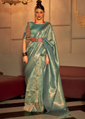OCEAN GREEN ZARI WOVEN TWO TONE HANDLOOM KANJIVARAM SILK SAREE