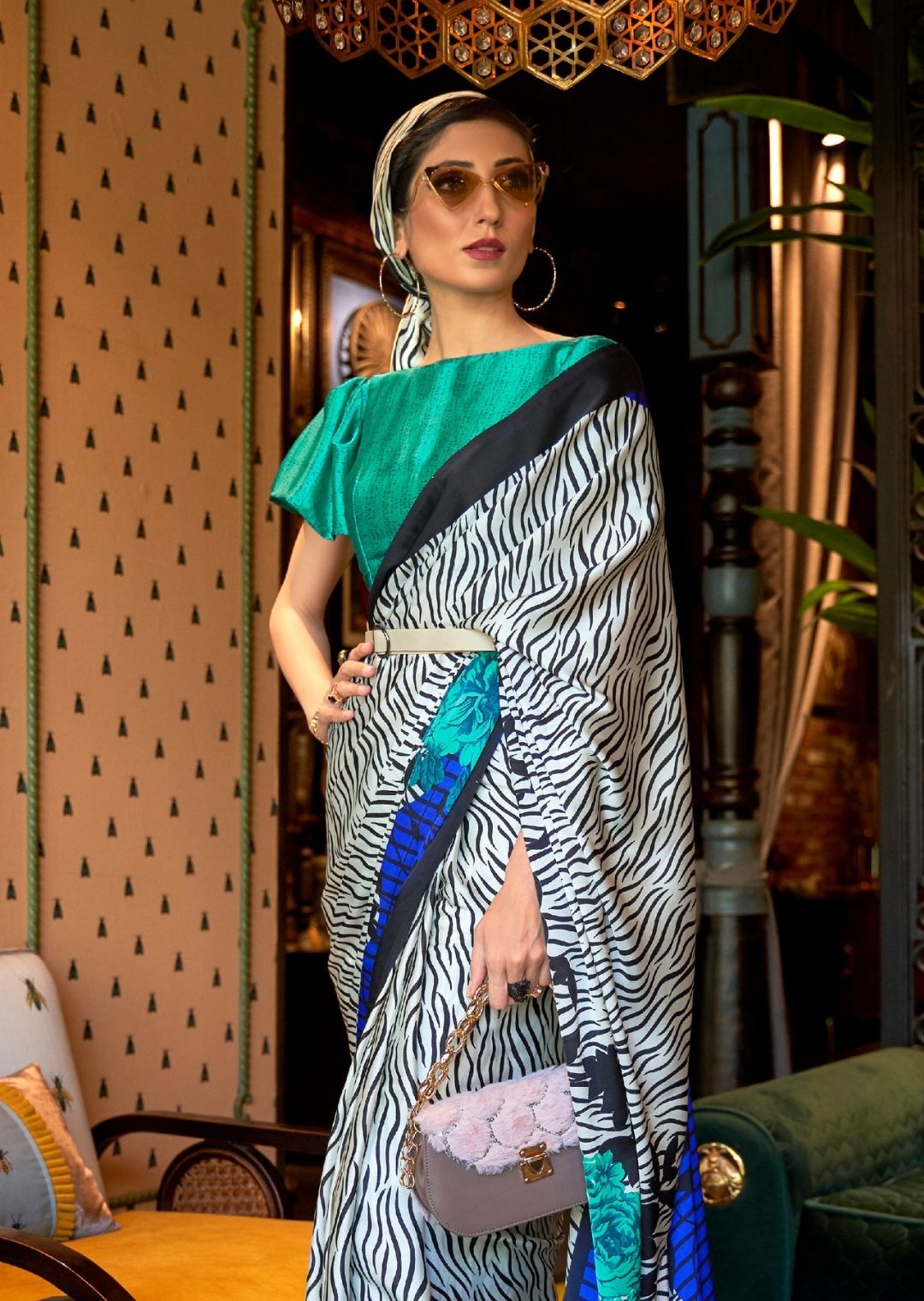 Abstract White & Blue Digital Printed Satin Crepe Silk Saree
