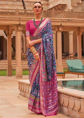 YALE BLUE WOVEN TRADITIONAL PATOLA SILK SAREE WITH FOIL PRINT WORK