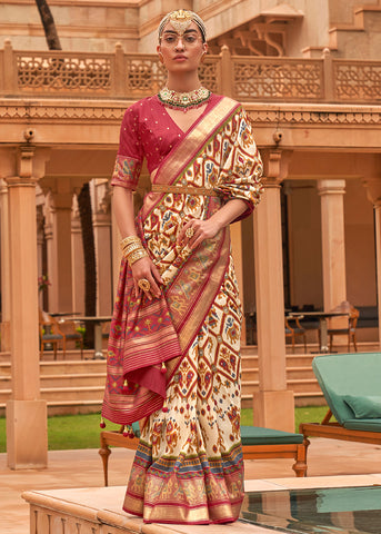 OFF WHITE AND BRICK RED WOVEN TRADITIONAL PATOLA SILK SAREE WITH FOIL PRINT WORK