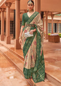BEIGE AND GREEN WOVEN PATOLA SILK SAREE