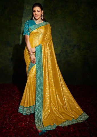 Golden Mustard Yellow Woven Celebrities Exclusive Designer Saree with Embroidered Silk Blouse