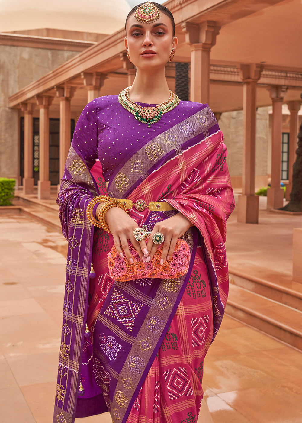 CERISE PINK WOVEN PATOLA SILK SAREE