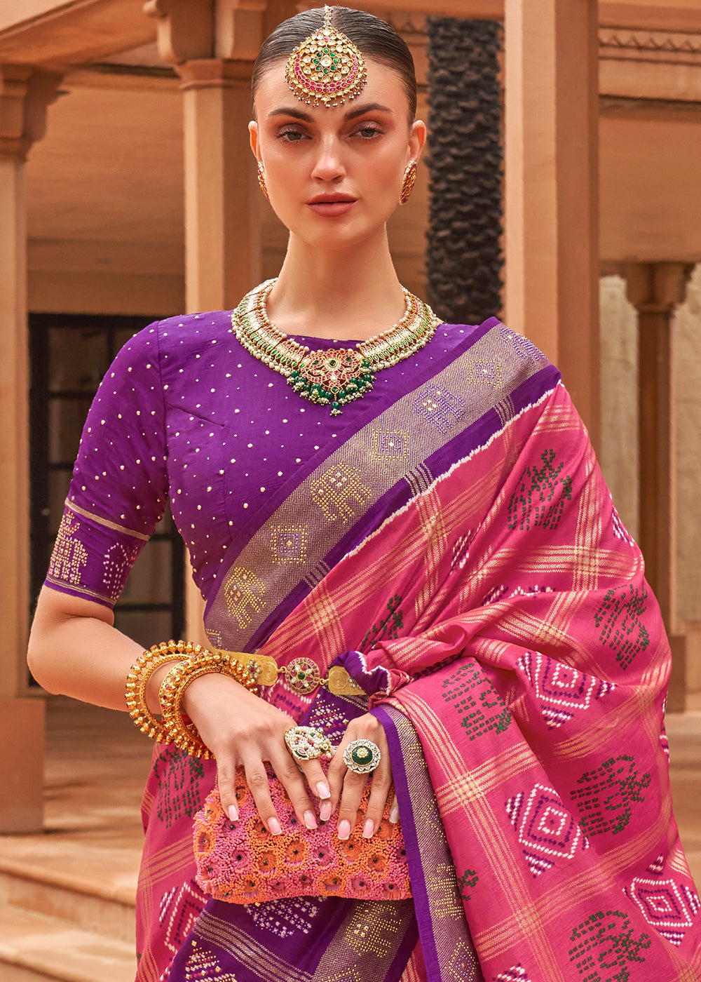 CERISE PINK WOVEN PATOLA SILK SAREE