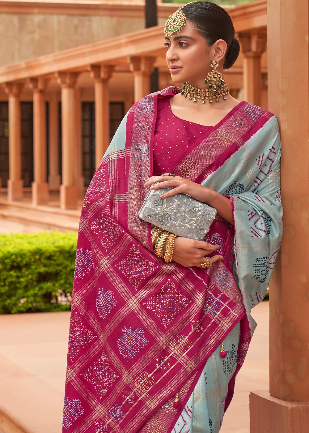 POWDER BLUE WOVEN PATOLA SILK SAREE