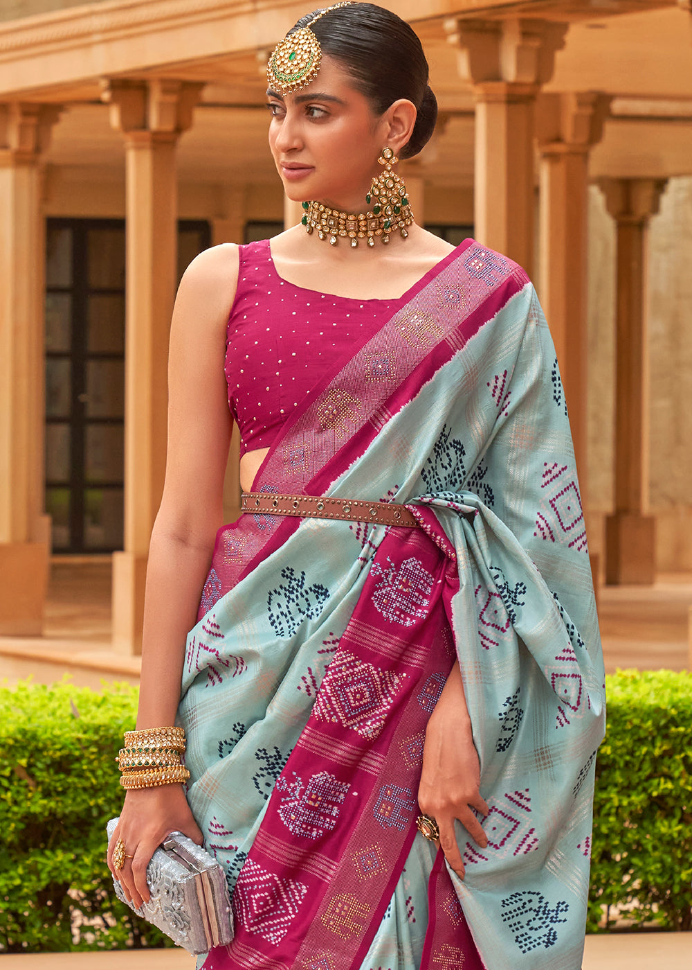 POWDER BLUE WOVEN PATOLA SILK SAREE