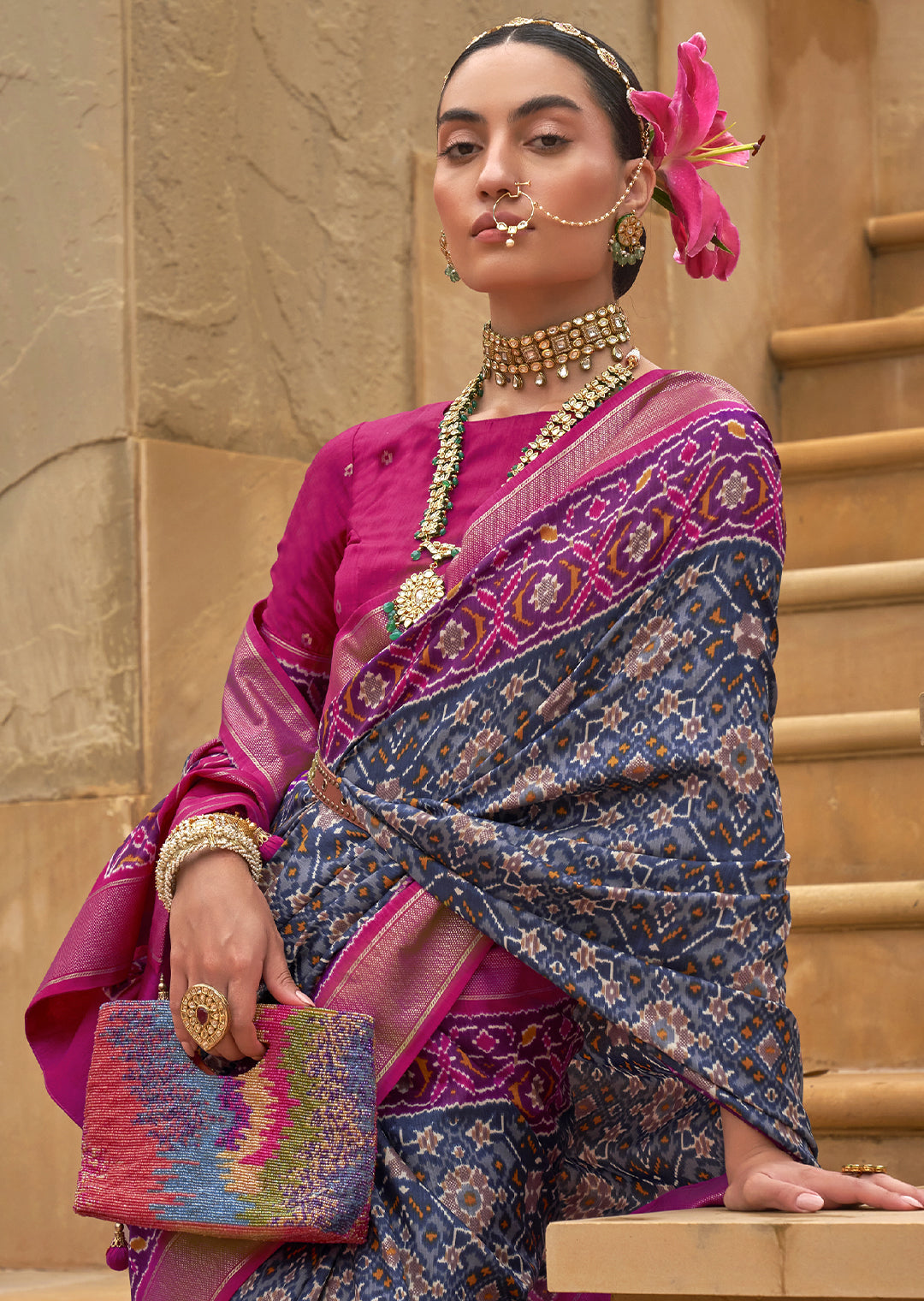 MIDNIGHT BLUE WOVEN PATOLA SILK SAREE