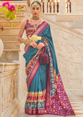 FRENCH BLUE WOVEN TRADITIONAL PATOLA SILK SAREE WITH KHATLI WORK