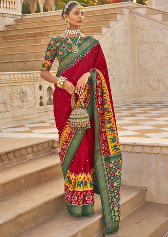 RED WOVEN TRADITIONAL PATOLA SILK SAREE WITH KHATLI WORK