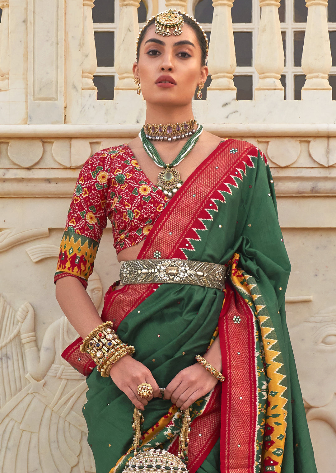 GREEN WOVEN TRADITIONAL PATOLA SILK SAREE WITH KHATLI WORK