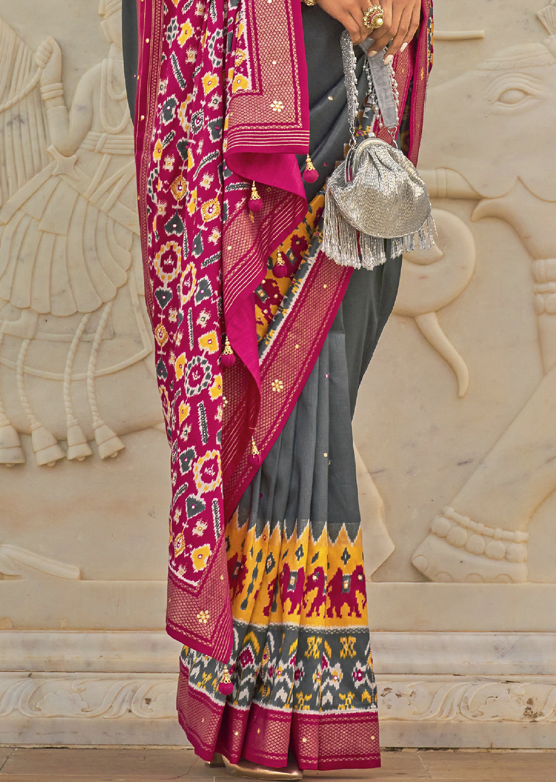 COIN GRAY WOVEN TRADITIONAL PATOLA SILK SAREE WITH KHATLI WORK