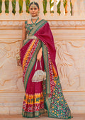 CHERRY RED WOVEN TRADITIONAL PATOLA SILK SAREE WITH KHATLI WORK