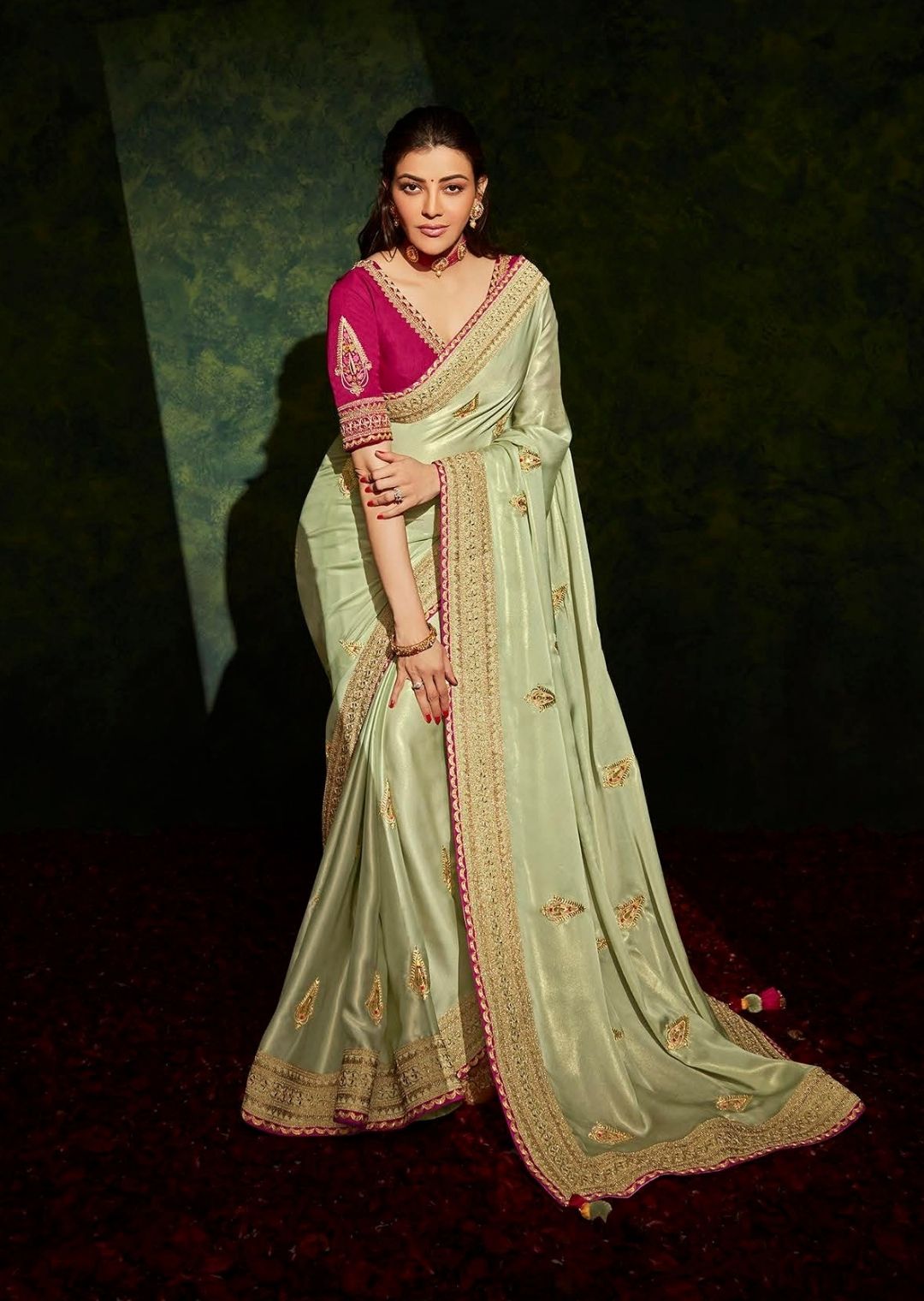 Tea Green Woven Celebrities Exclusive Designer Saree with Embroidered Silk Blouse