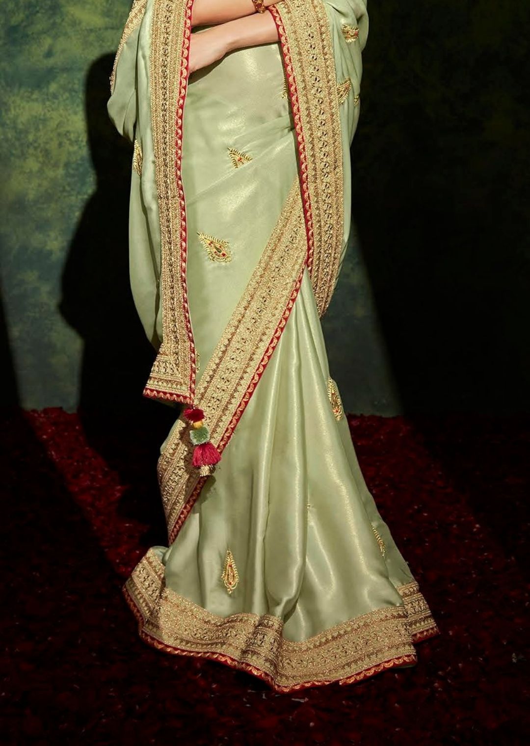 Tea Green Woven Celebrities Exclusive Designer Saree with Embroidered Silk Blouse