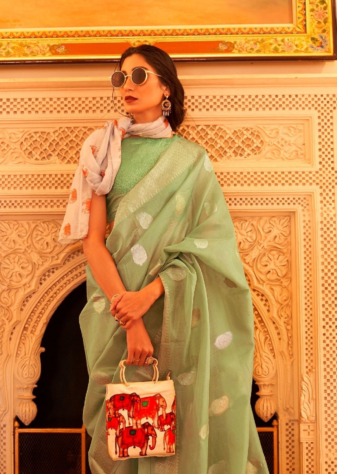 Tea Green Zari Woven Pure Handloom Chanderi Silk Saree