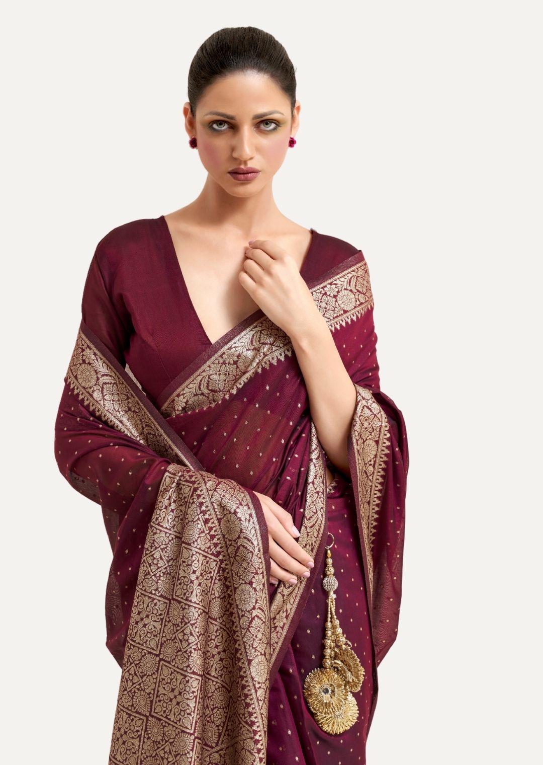 Wine Purple Woven Soft Tussar Cotton Silk Saree