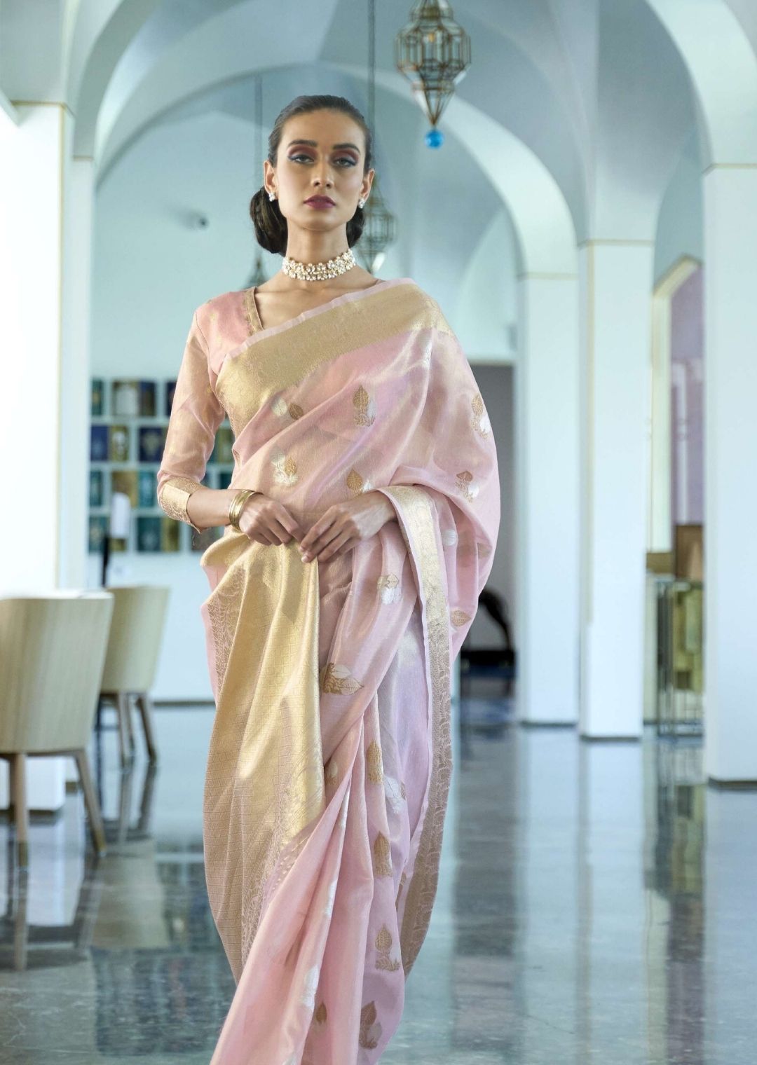 Blossom Pink Hand Woven Organza Tissue Silk Saree