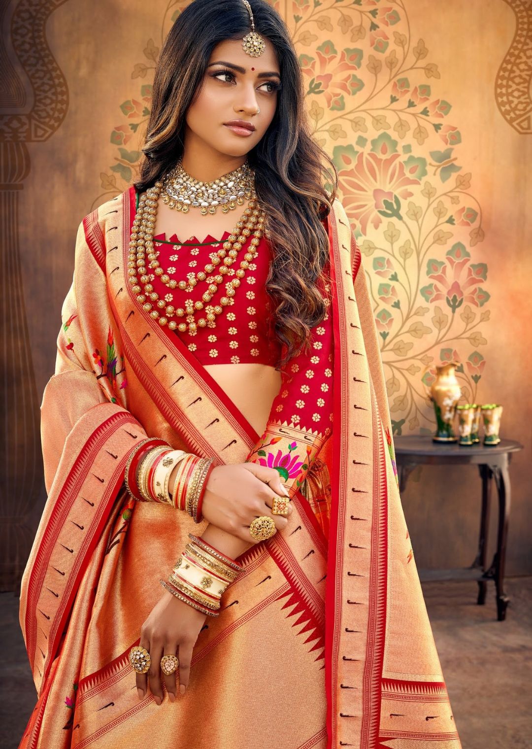 Gold Orange Woven Paithani Silk Lehenga