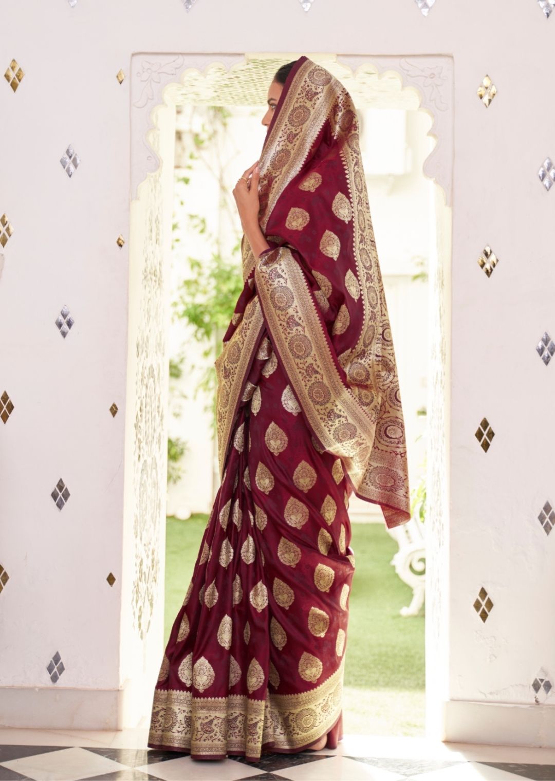 Maroon Red Woven Pure Satin Banarasi Silk Saree