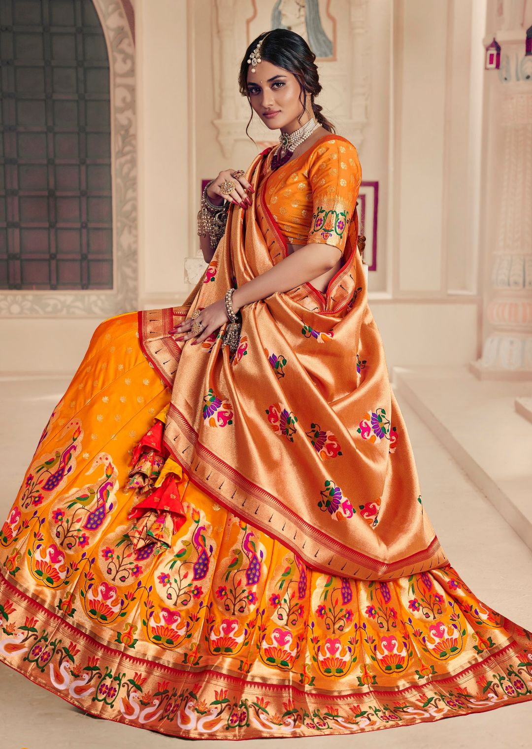 Mustard Yellow Woven Paithani Silk Lehenga