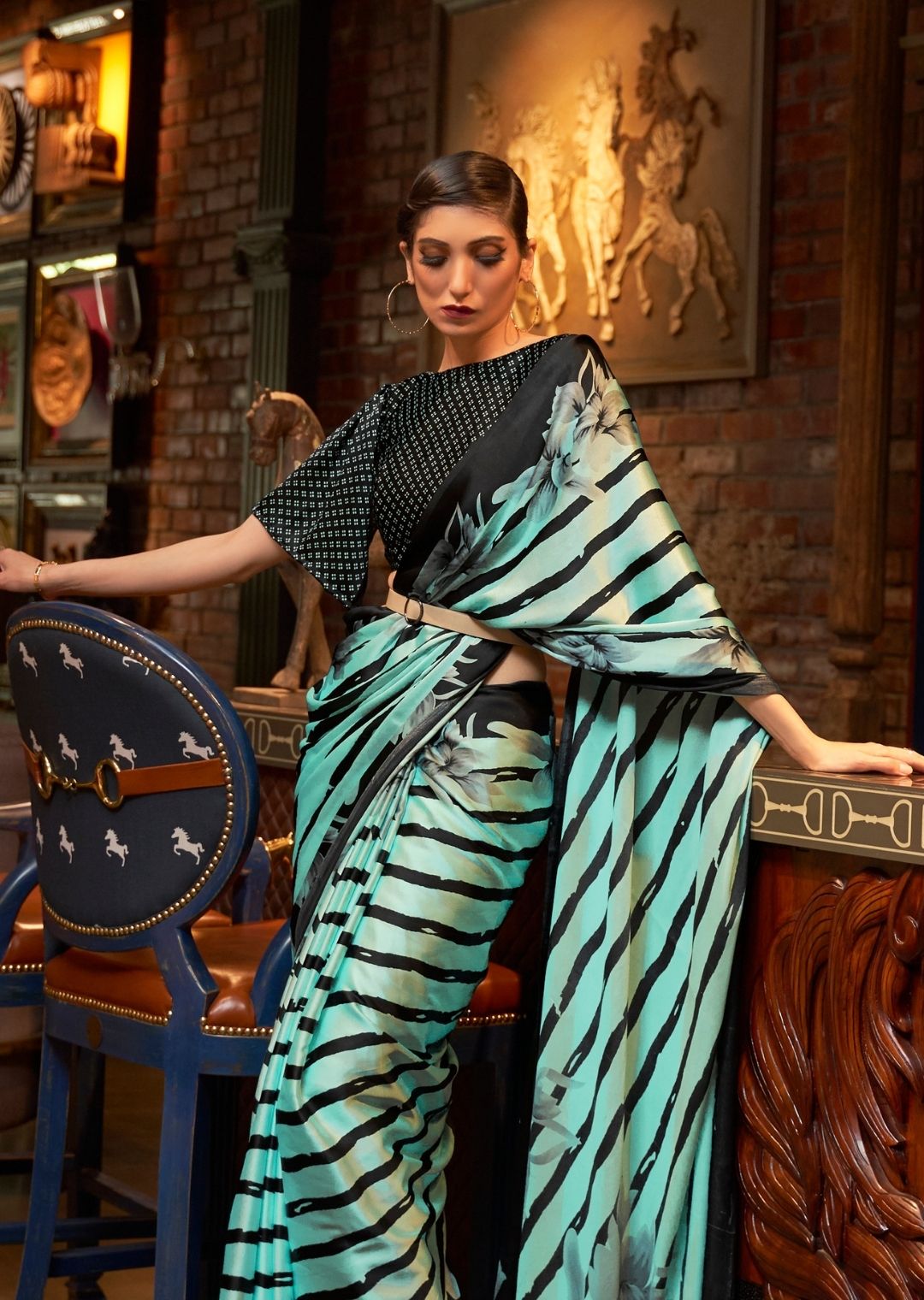 Turquoise Green Digital Printed Satin Crepe Silk Saree