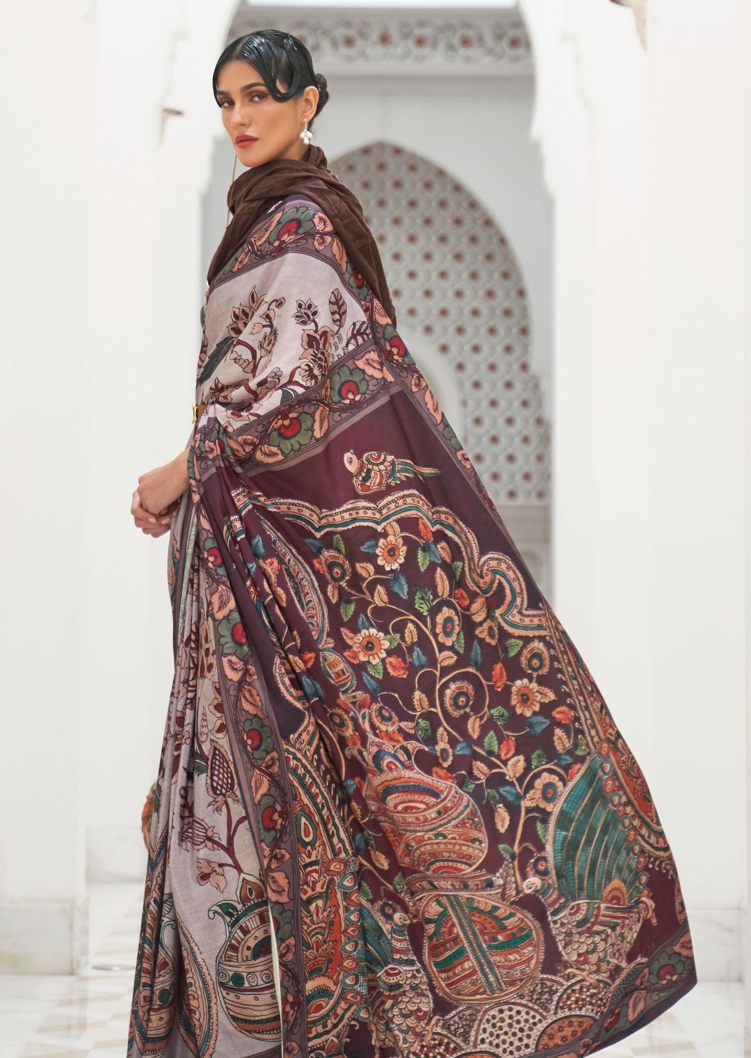 Cloud Gray Kalamkari Printed Pure Crepe Silk Saree