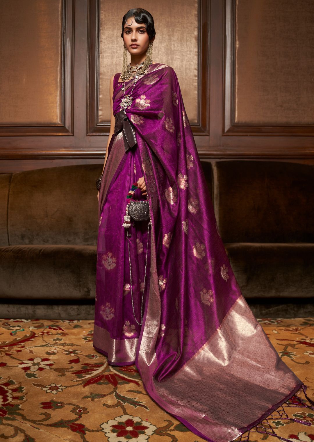Magenta Purple Woven Handloom Pure Tessar Zari Silk Saree