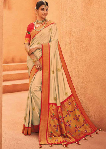 Beige Woven Paithani Silk Saree With Red Border