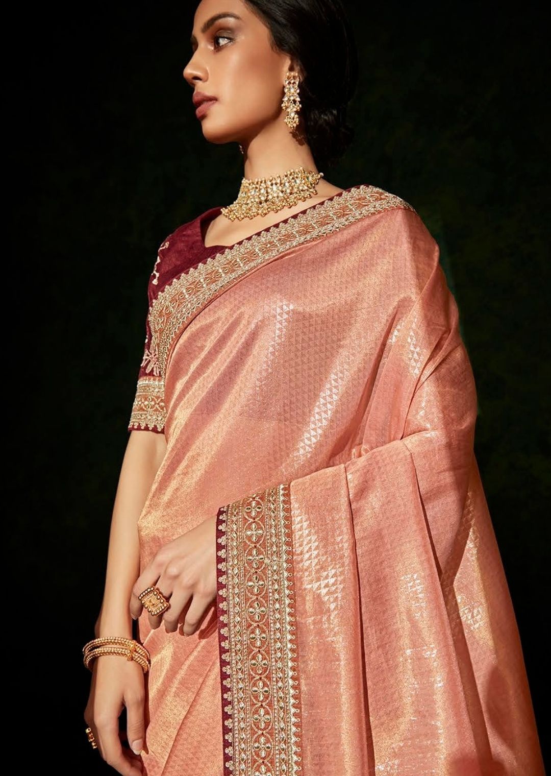Golden Peach Woven Celebrities Exclusive Designer Saree with Embroidered Silk Blouse