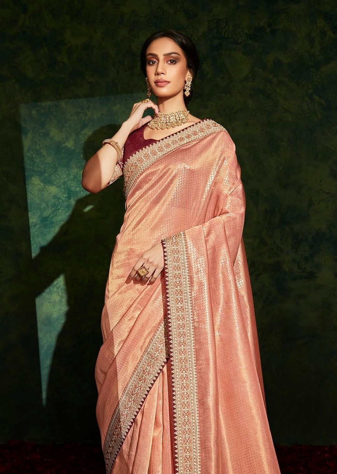 Golden Peach Woven Celebrities Exclusive Designer Saree with Embroidered Silk Blouse