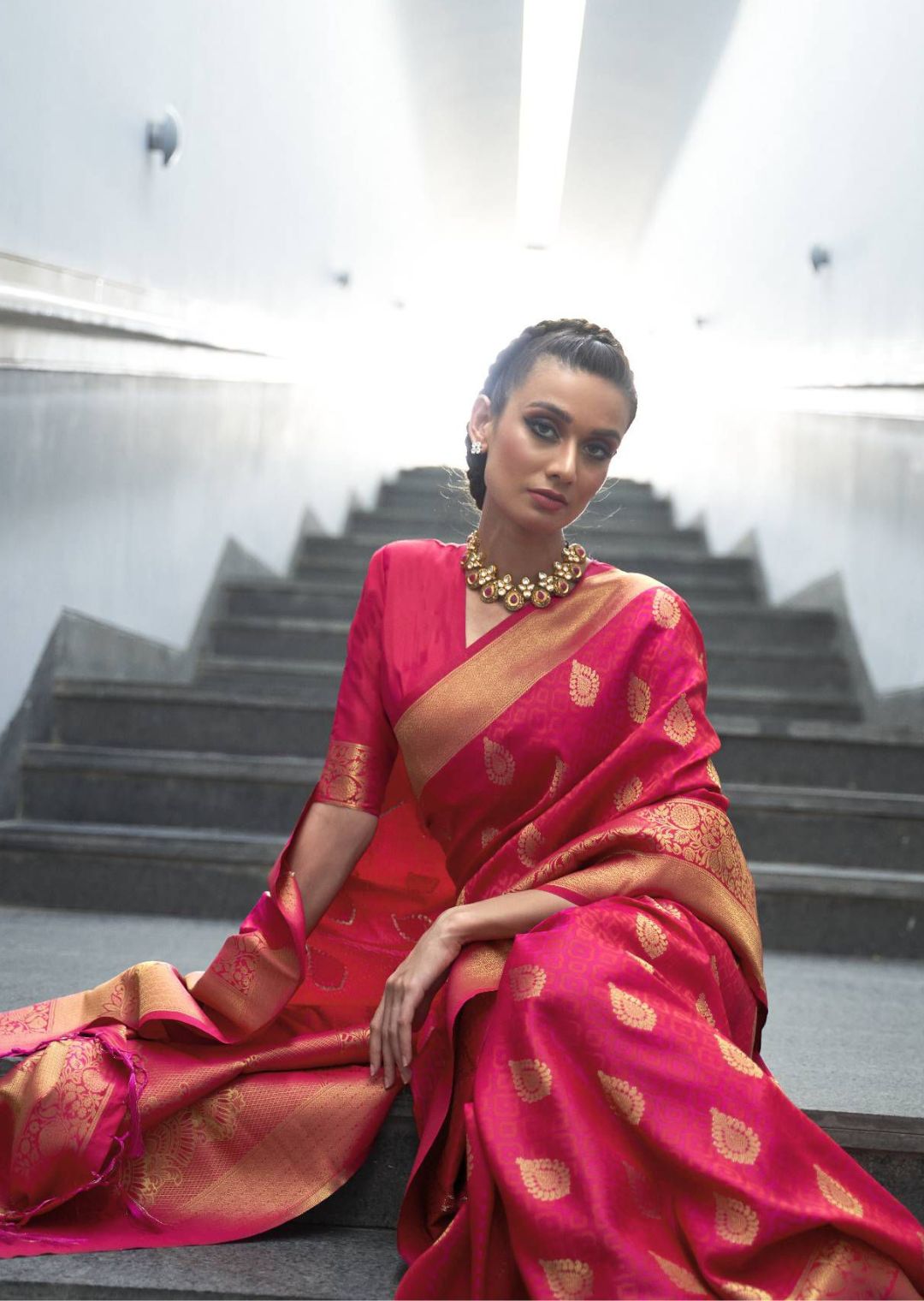 Ruby Pink Hand Woven Kanjivaram Silk Saree