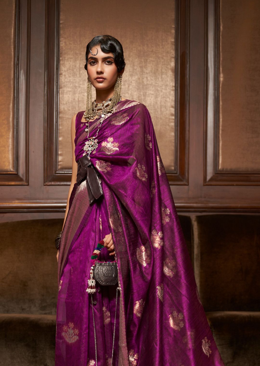 Magenta Purple Woven Handloom Pure Tessar Zari Silk Saree