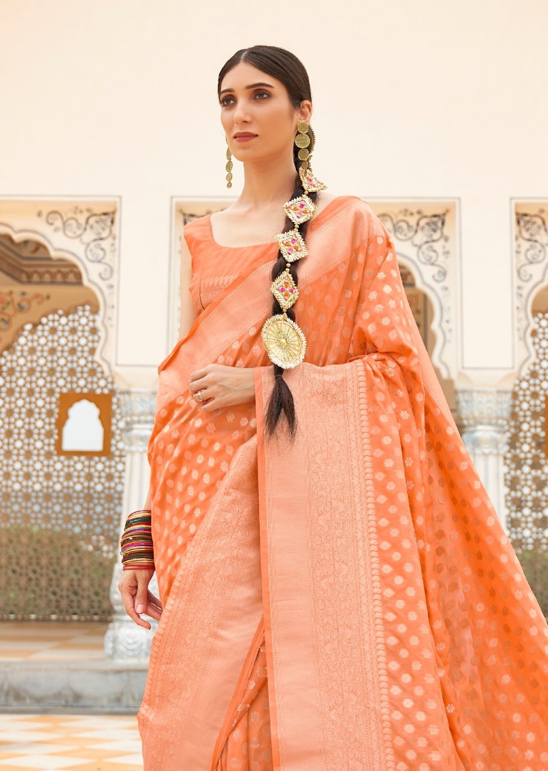 Peach Woven Khaddi Georgette Banarasi Saree With Embroidered Silk Blouse
