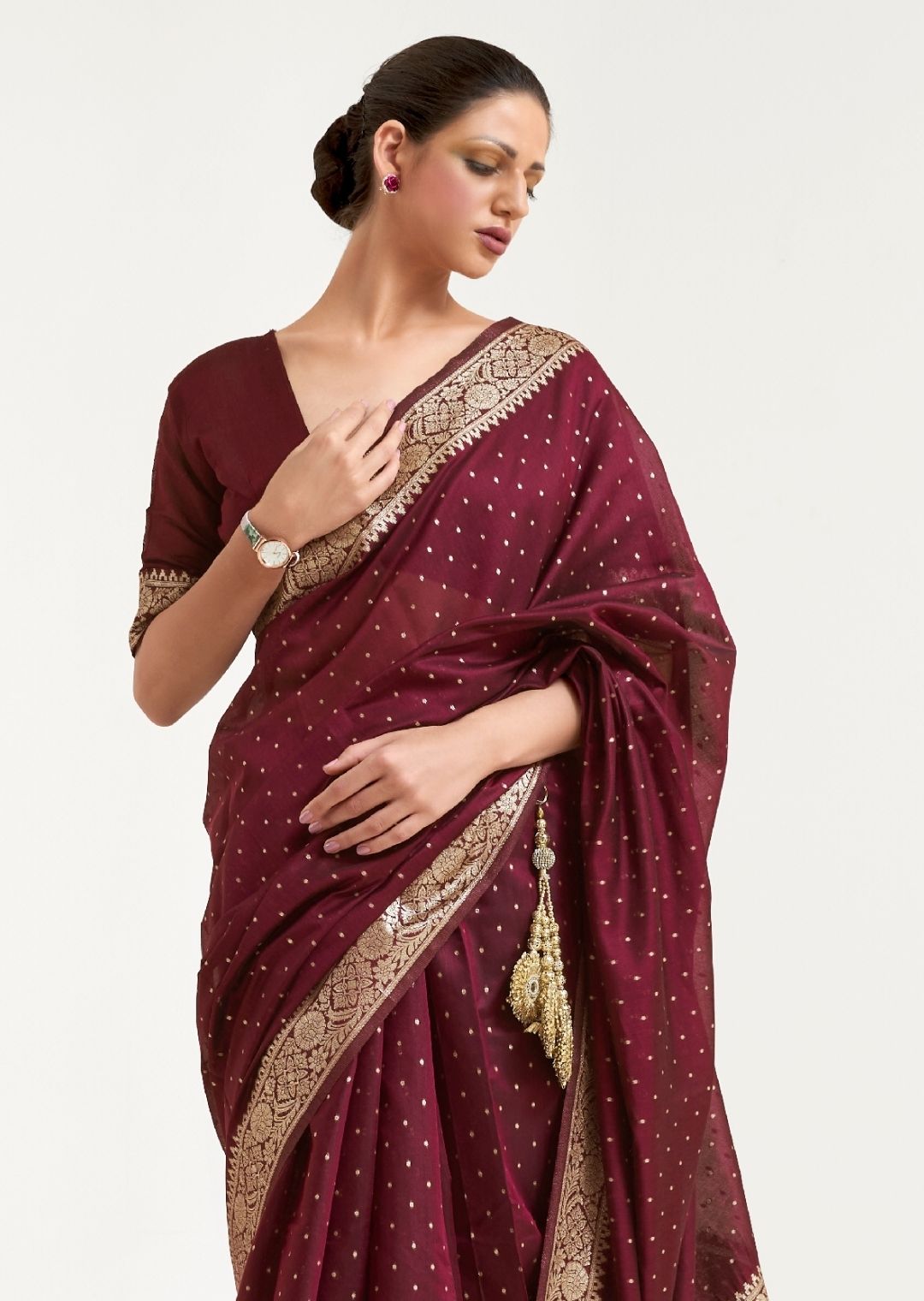 Wine Purple Woven Soft Tussar Cotton Silk Saree