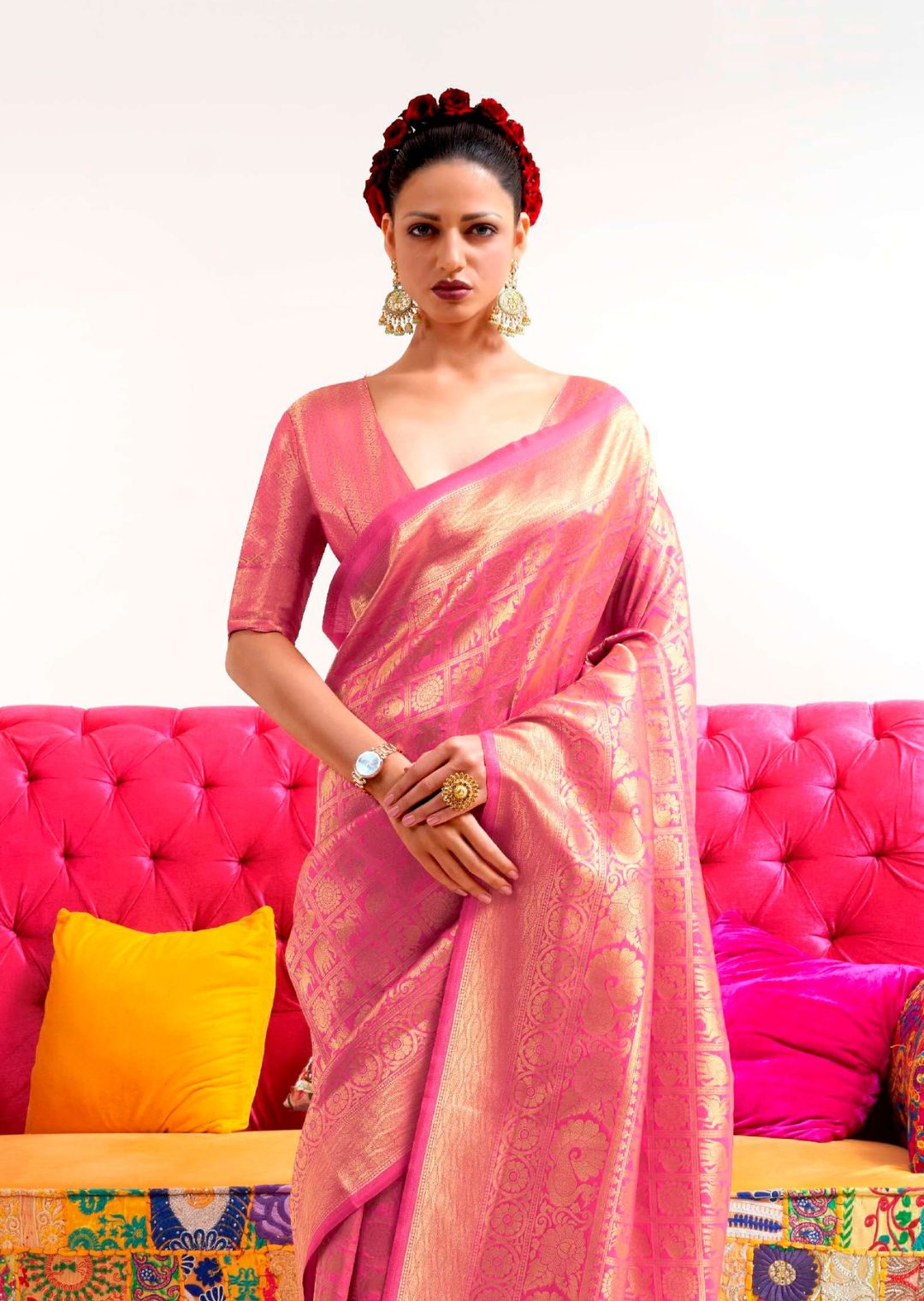 Hot Pink Hand Woven Kanjivaram Silk Saree