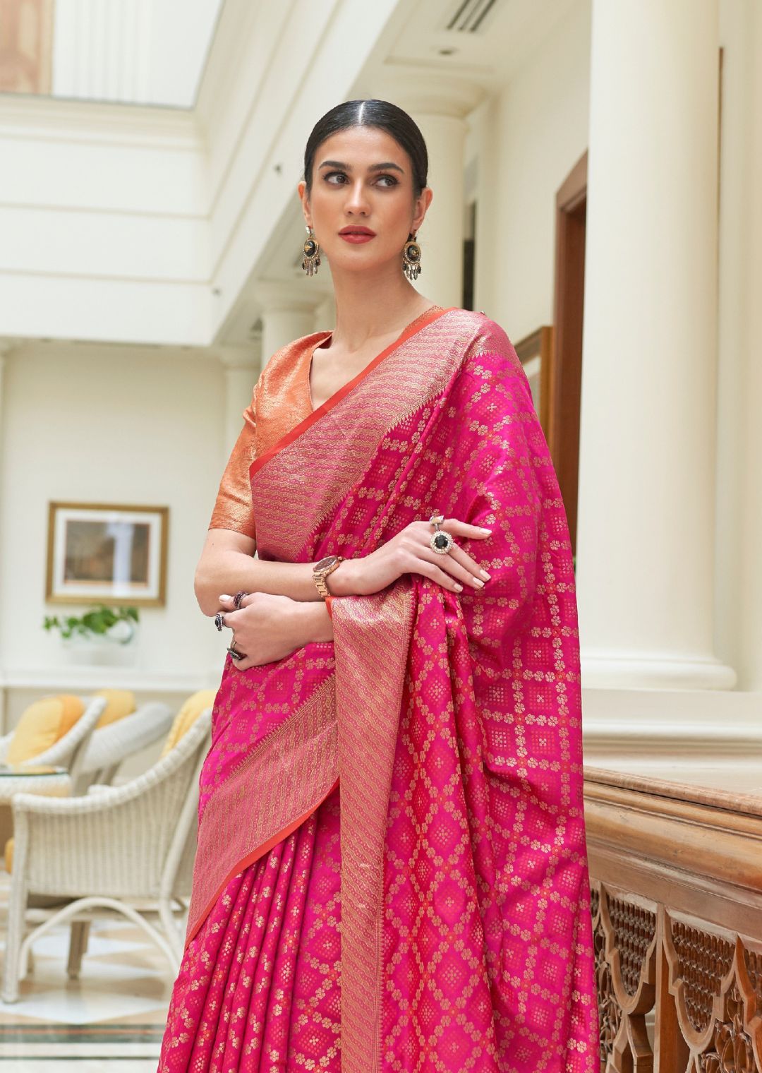 Deep Pink Zari Woven Traditional Patola Silk Saree With Self Brocade Blouse